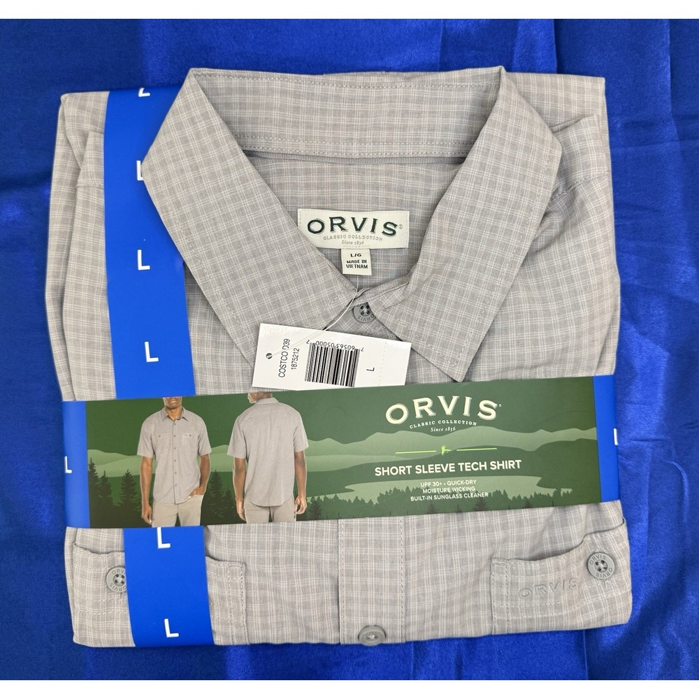 Orvis Men's Large Tech Shirt Short Sleeve Shirt UPF 30+ Lightweight Gray Plaid